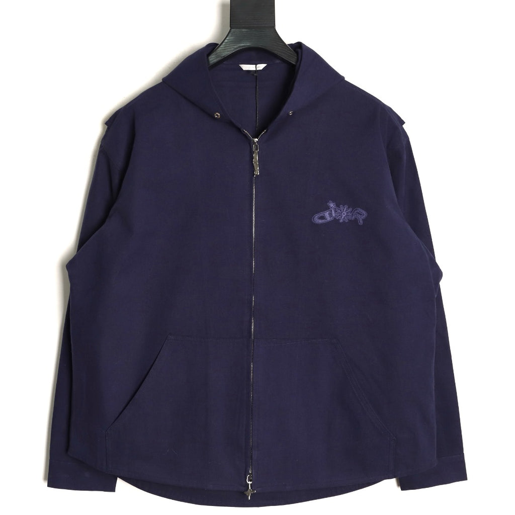 Dior 25FW Embroidered Emblem Navy Canvas Zip Hooded Jacket