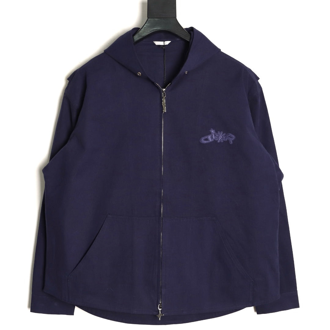 Dior 25FW Embroidered Emblem Navy Canvas Zip Hooded Jacket