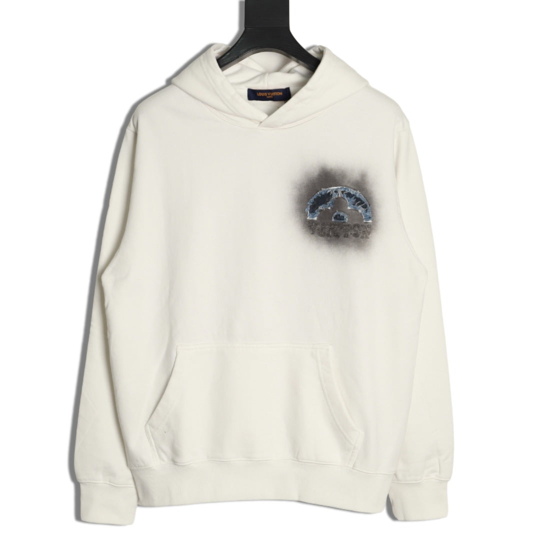 Louis Vuitton 25FW Denim Appliqué Embroidered Distressed Off-White Hoodie