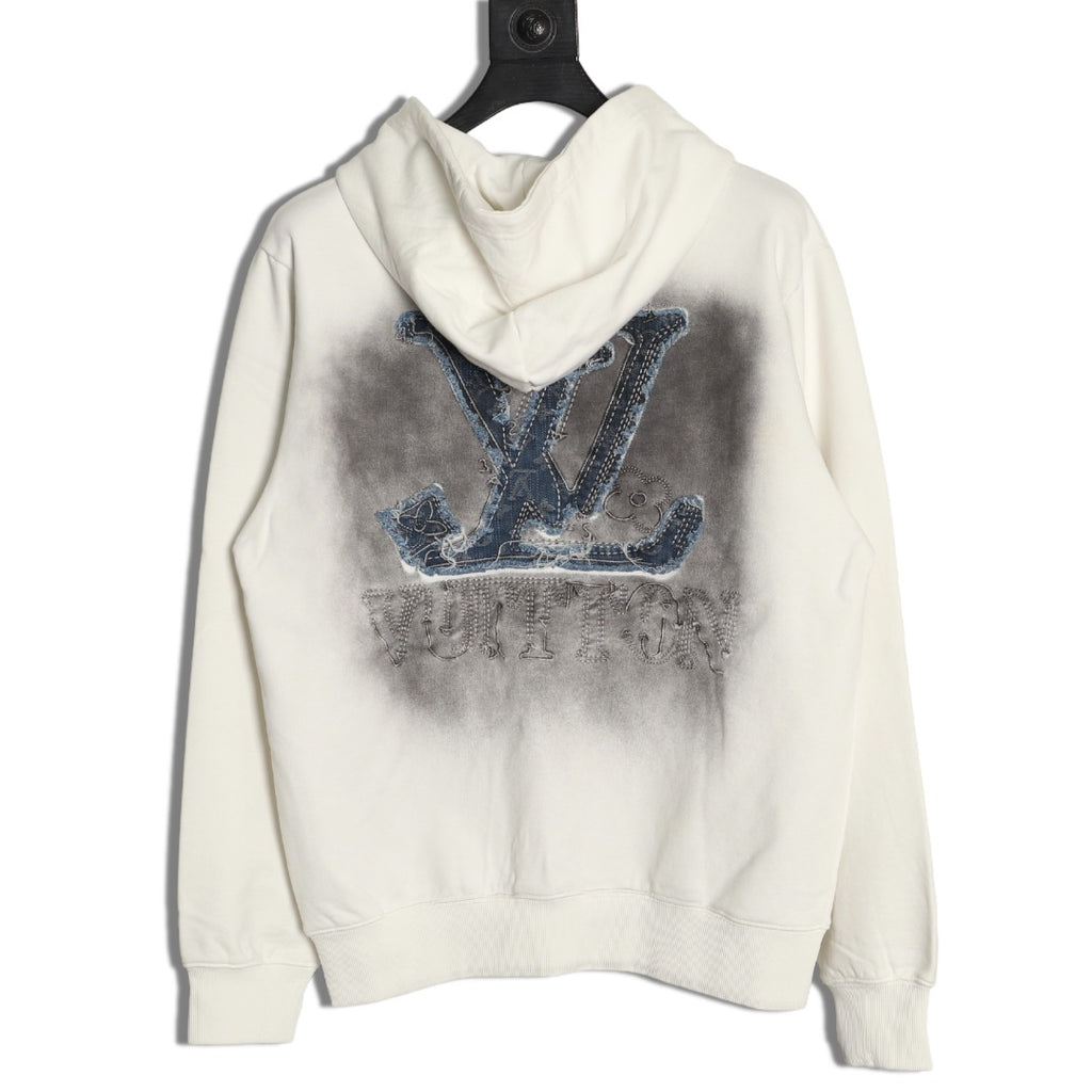 Louis Vuitton 25FW Denim Appliqué Embroidered Distressed Off-White Hoodie