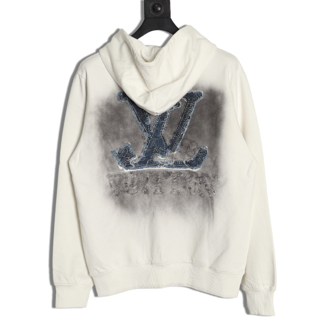 Louis Vuitton 25FW Denim Appliqué Embroidered Distressed Off-White Hoodie