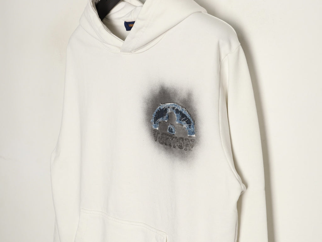 Louis Vuitton 25FW Denim Appliqué Embroidered Distressed Off-White Hoodie
