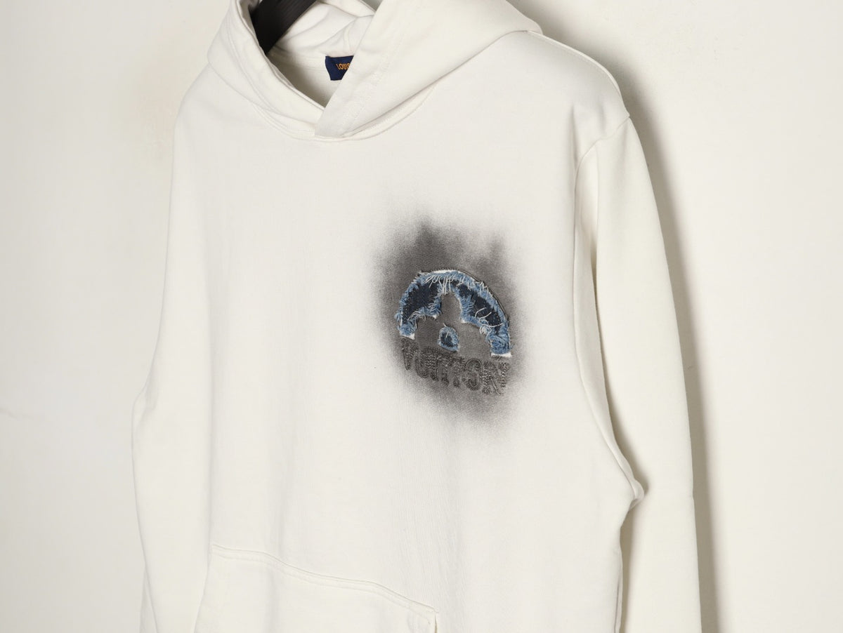 Louis Vuitton 25FW Denim Appliqué Embroidered Distressed Off-White Hoodie