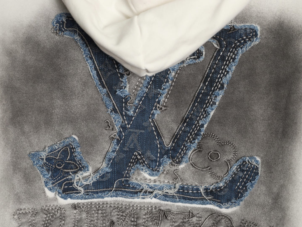 Louis Vuitton 25FW Denim Appliqué Embroidered Distressed Off-White Hoodie