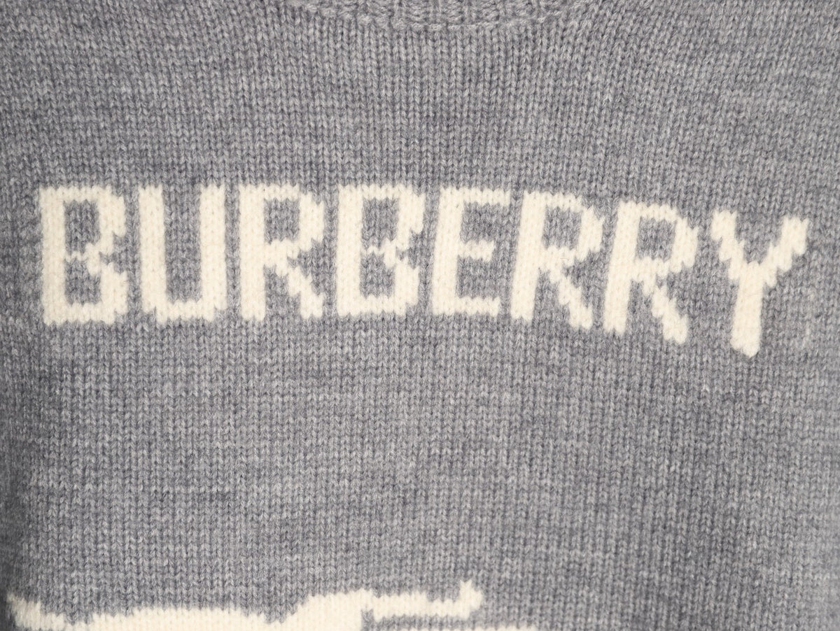 Burberry Oversized Equestrian Knight Jacquard Gray Cashmere Sweater