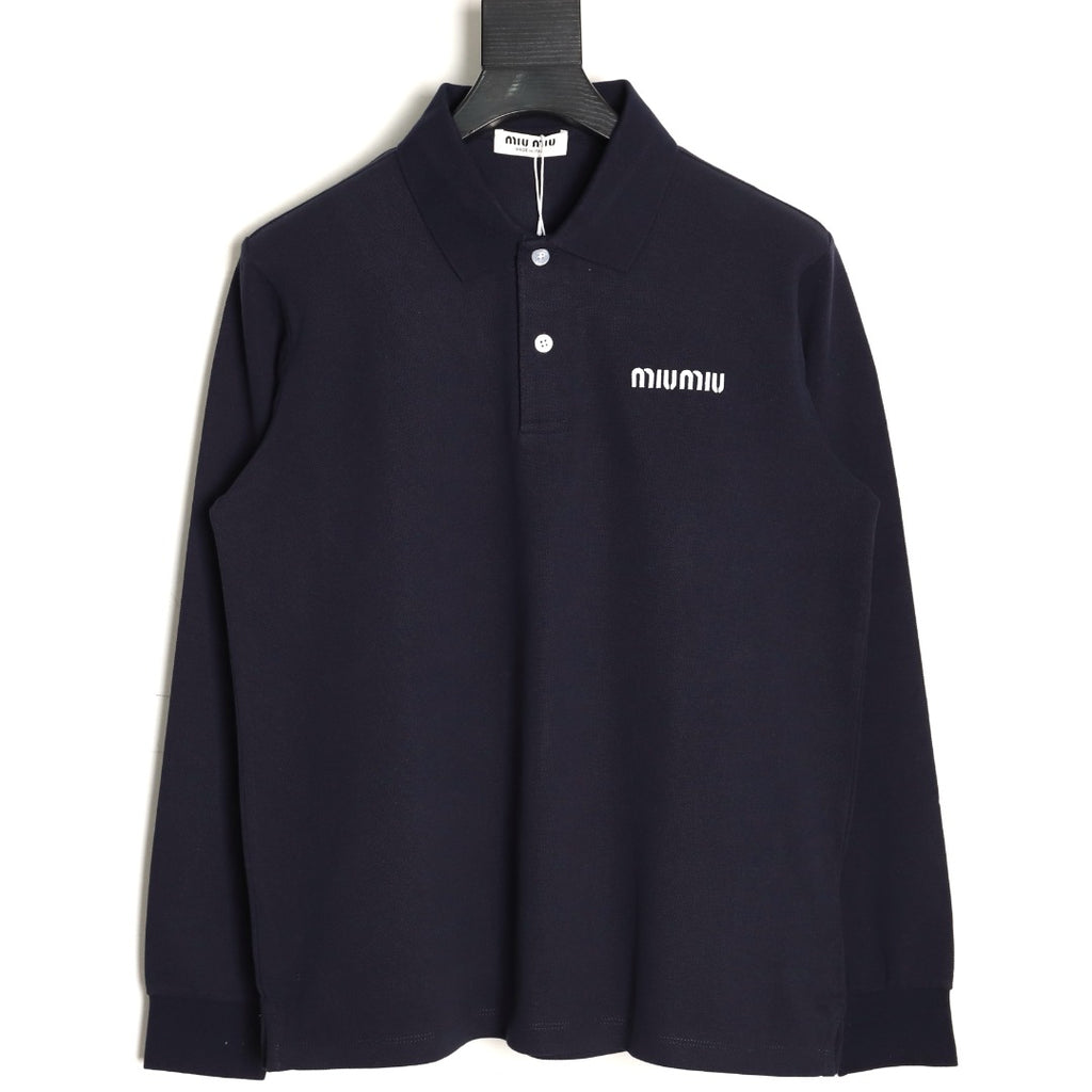 Miu Miu Classic Embroidered Logo Navy Long-Sleeve Polo Shirt
