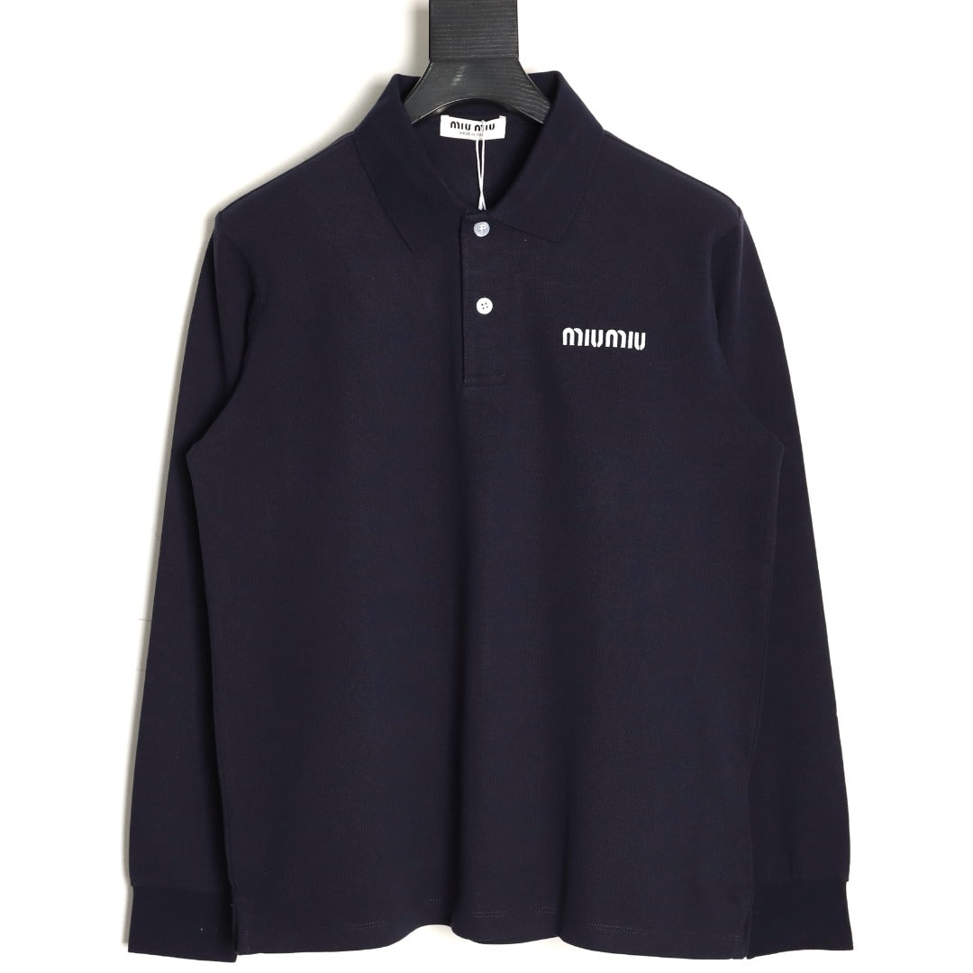 Miu Miu Classic Embroidered Logo Navy Long-Sleeve Polo Shirt