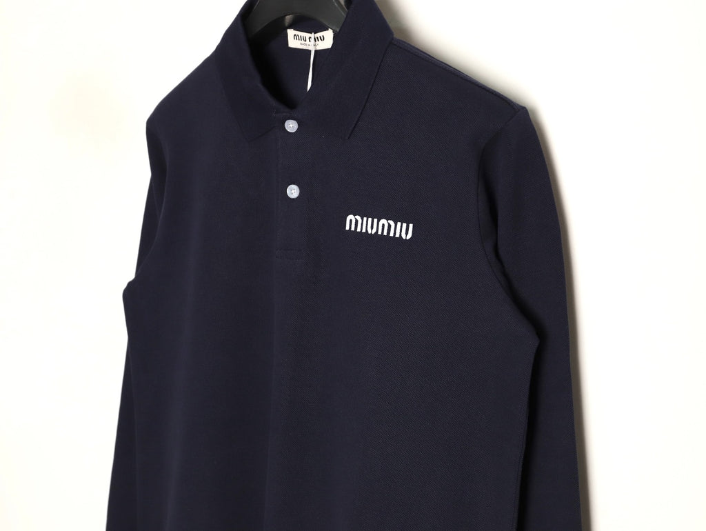 Miu Miu Classic Embroidered Logo Navy Long-Sleeve Polo Shirt