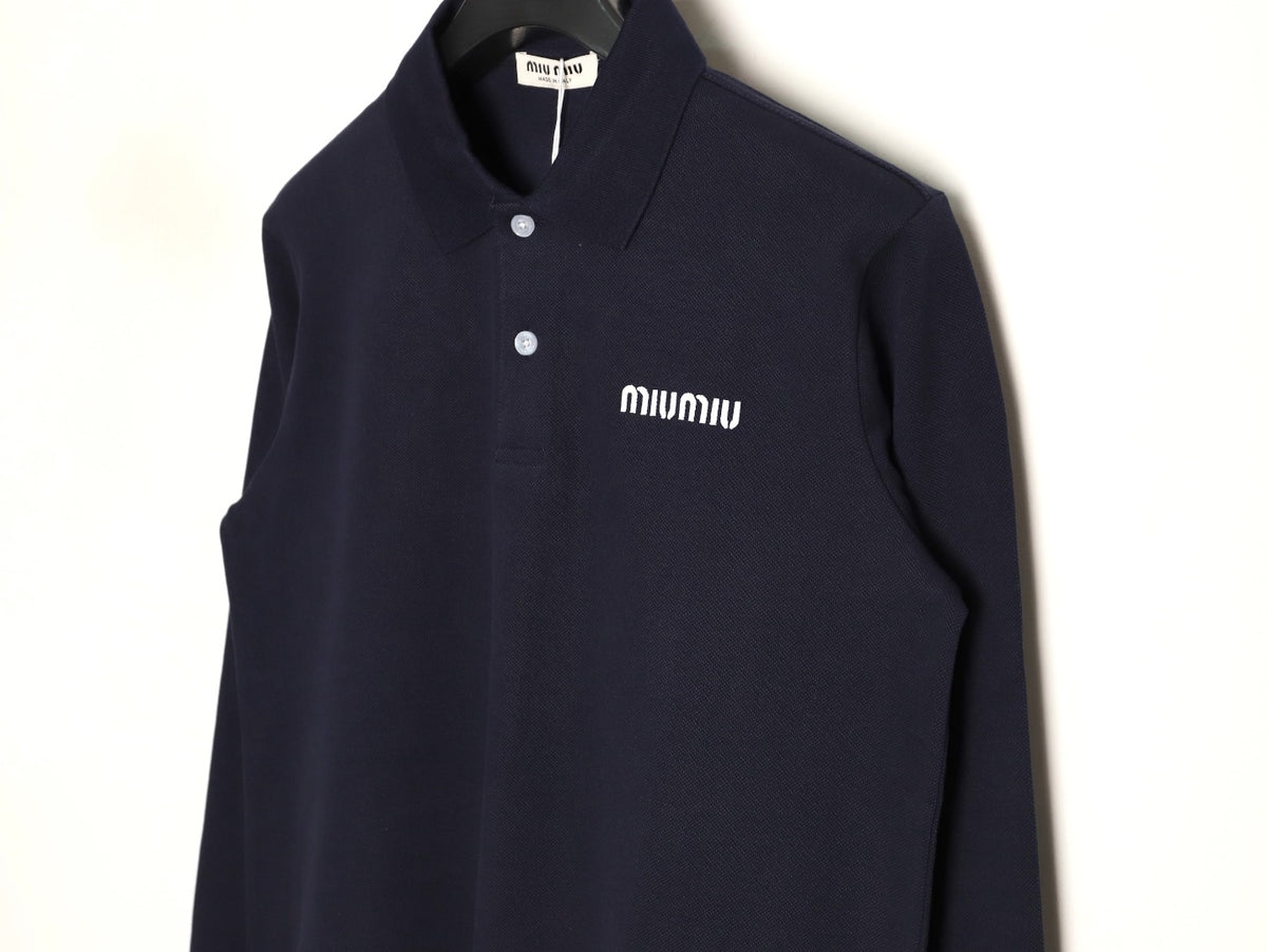 Miu Miu Classic Embroidered Logo Navy Long-Sleeve Polo Shirt