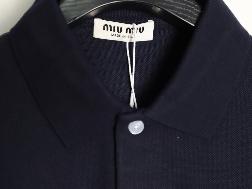 Miu Miu Classic Embroidered Logo Navy Long-Sleeve Polo Shirt