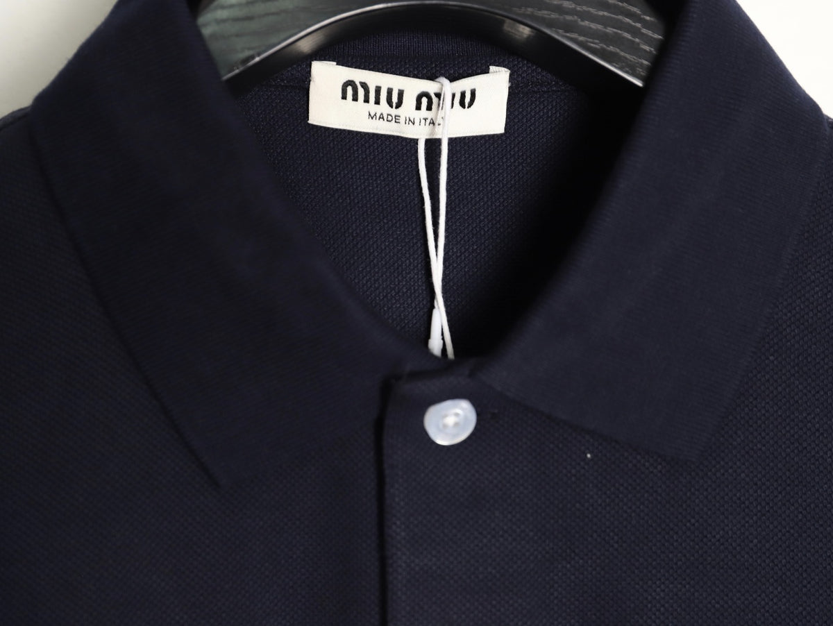 Miu Miu Classic Embroidered Logo Navy Long-Sleeve Polo Shirt