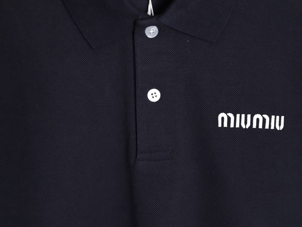 Miu Miu Classic Embroidered Logo Navy Long-Sleeve Polo Shirt