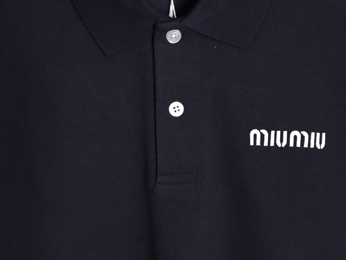 Miu Miu Classic Embroidered Logo Navy Long-Sleeve Polo Shirt
