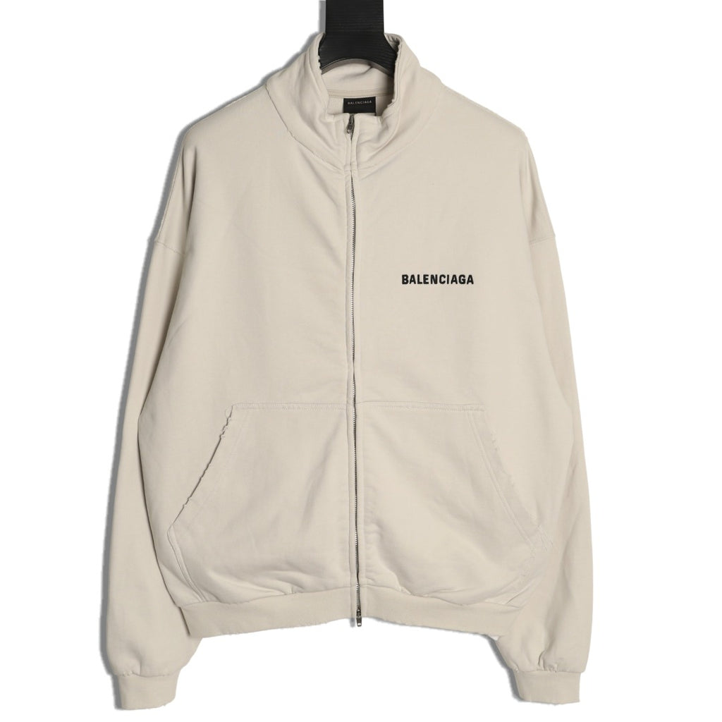Balenciaga BLCG Front and Back Logo Embroidered Off-White Stand-Collar Jacket