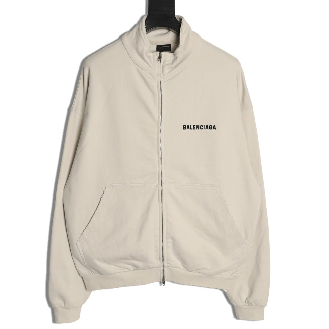 Balenciaga BLCG Front and Back Logo Embroidered Off-White Stand-Collar Jacket