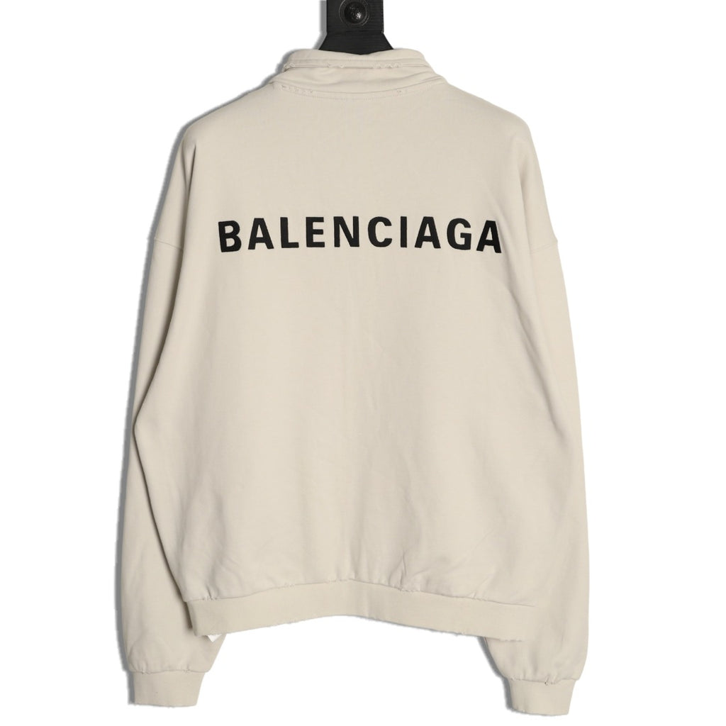 Balenciaga BLCG Front and Back Logo Embroidered Off-White Stand-Collar Jacket