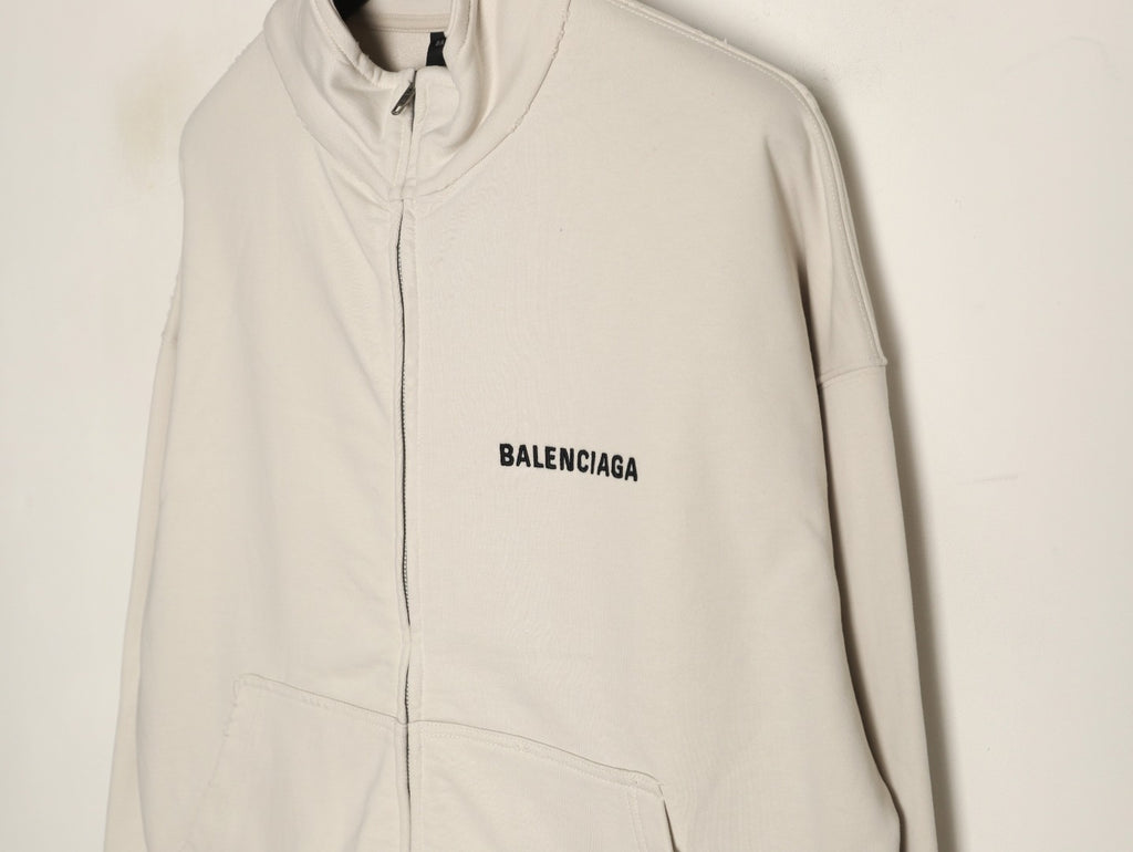 Balenciaga BLCG Front and Back Logo Embroidered Off-White Stand-Collar Jacket
