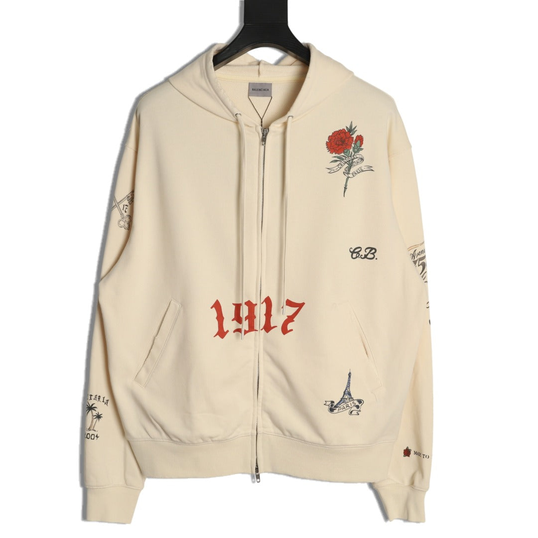 Balenciaga BLCG Tattoo Graphic Off-White Zip-Up Hoodie