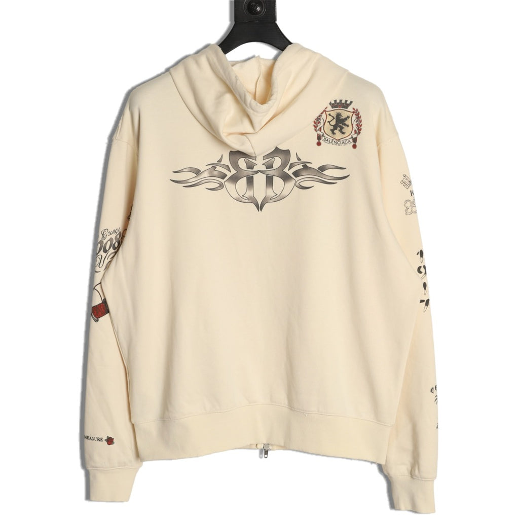 Balenciaga BLCG Tattoo Graphic Off-White Zip-Up Hoodie