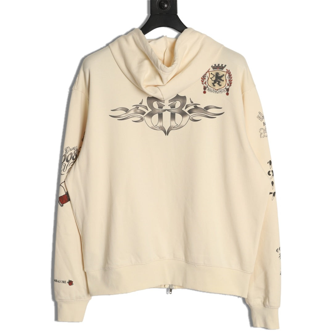 Balenciaga BLCG Tattoo Graphic Off-White Zip-Up Hoodie