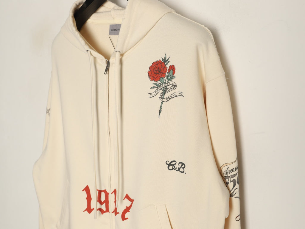Balenciaga BLCG Tattoo Graphic Off-White Zip-Up Hoodie