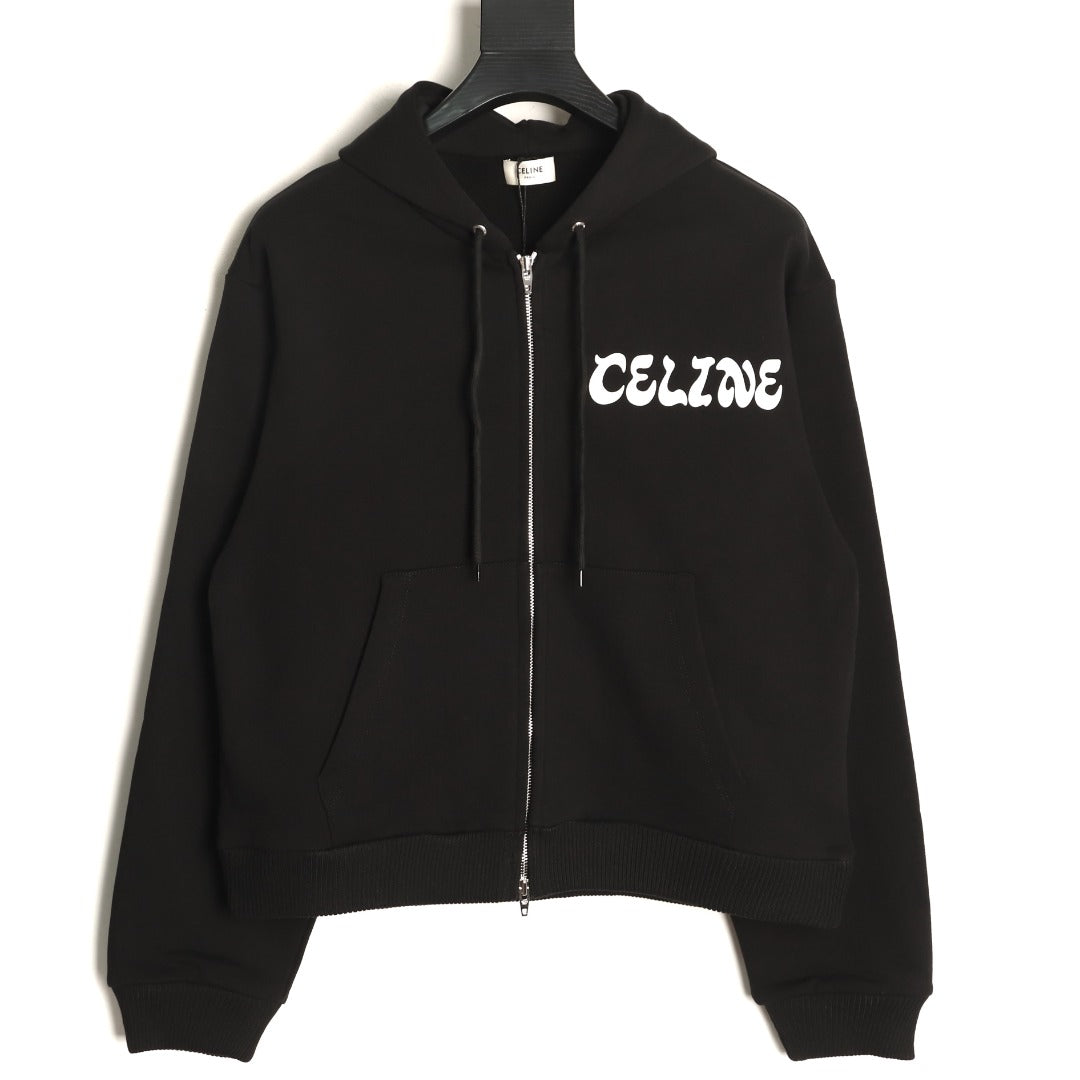 Celine CE Cartoon Lettering Print Black Zip-Up Hoodie