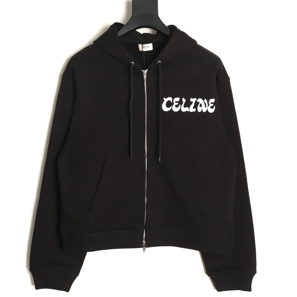 Celine CE Cartoon Lettering Print Black Zip-Up Hoodie
