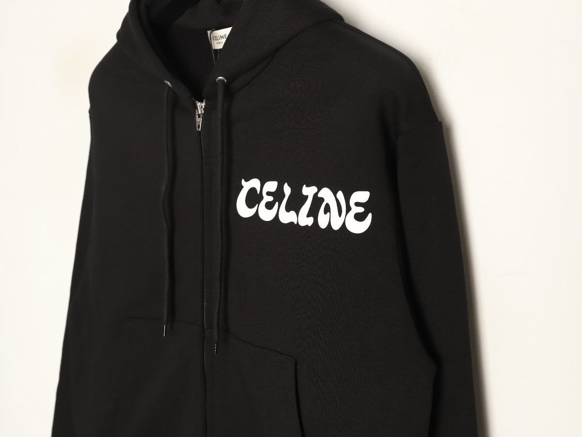 Celine CE Cartoon Lettering Print Black Zip-Up Hoodie