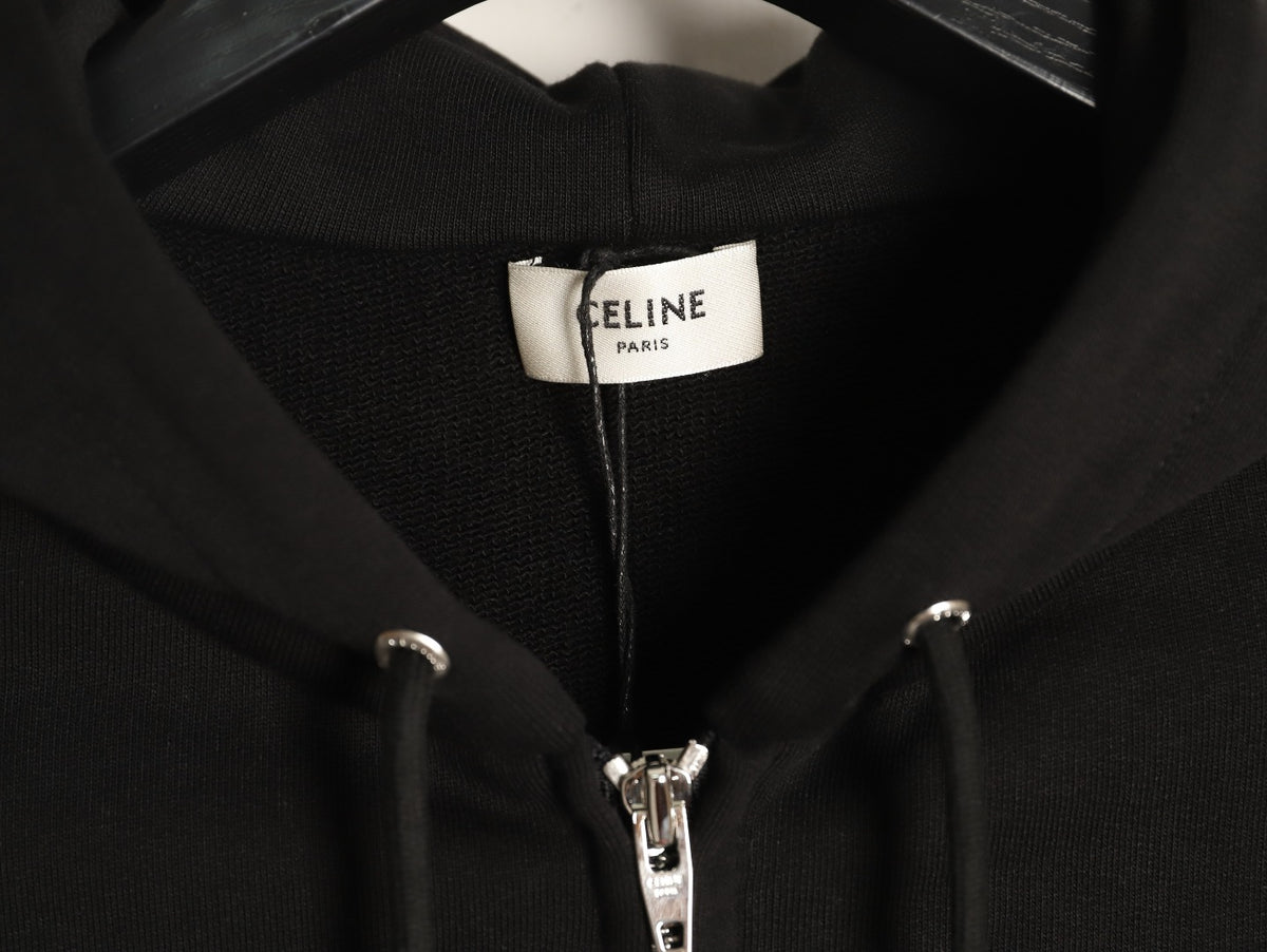 Celine CE Cartoon Lettering Print Black Zip-Up Hoodie