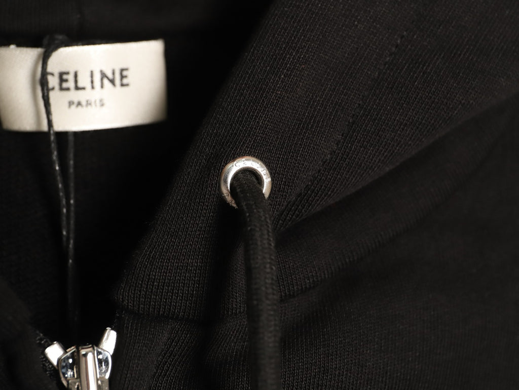 Celine CE Cartoon Lettering Print Black Zip-Up Hoodie