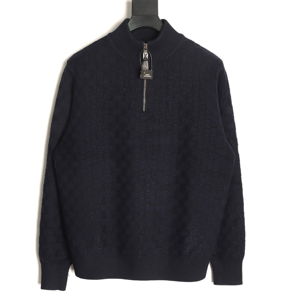 Louis Vuitton 26SS Checkerboard Detail Black Half-Zip High-Neck Knit Sweater