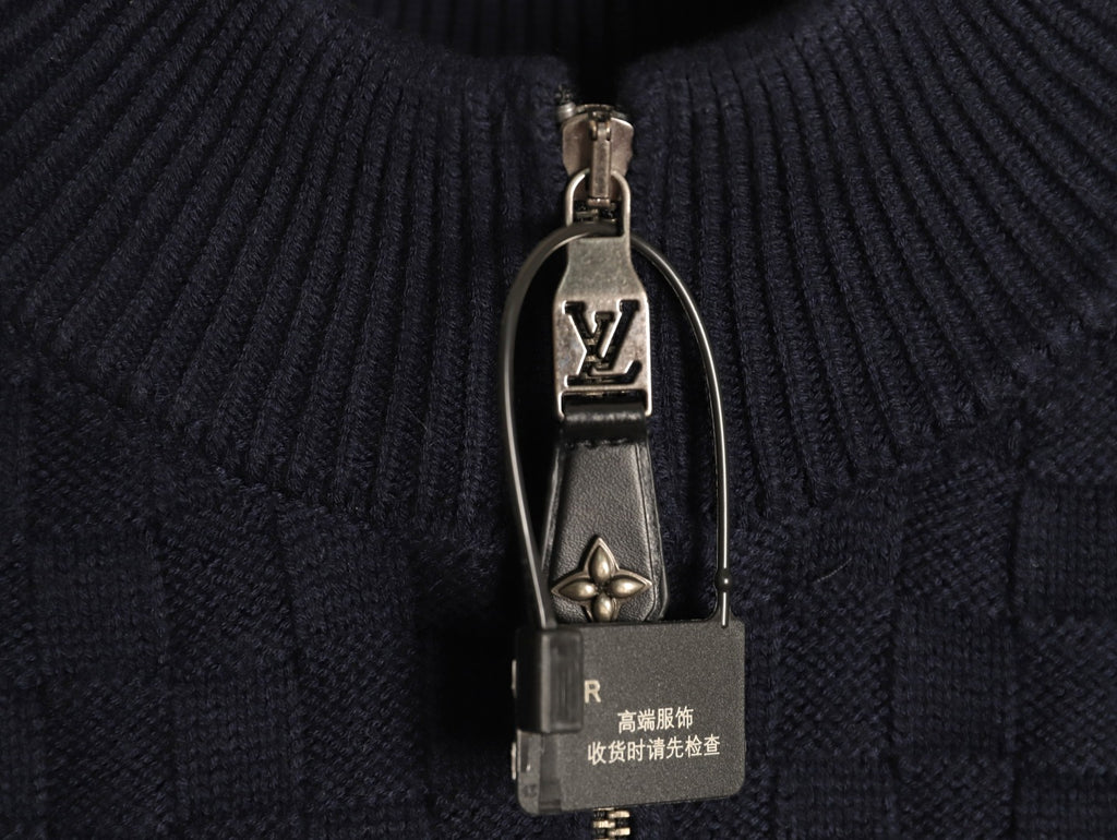 Louis Vuitton 26SS Checkerboard Detail Black Half-Zip High-Neck Knit Sweater