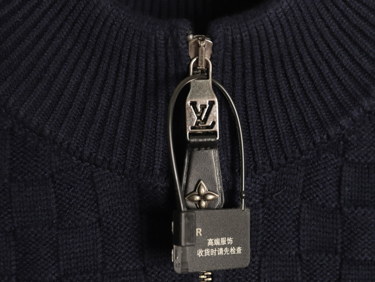 Louis Vuitton 26SS Checkerboard Detail Black Half-Zip High-Neck Knit Sweater