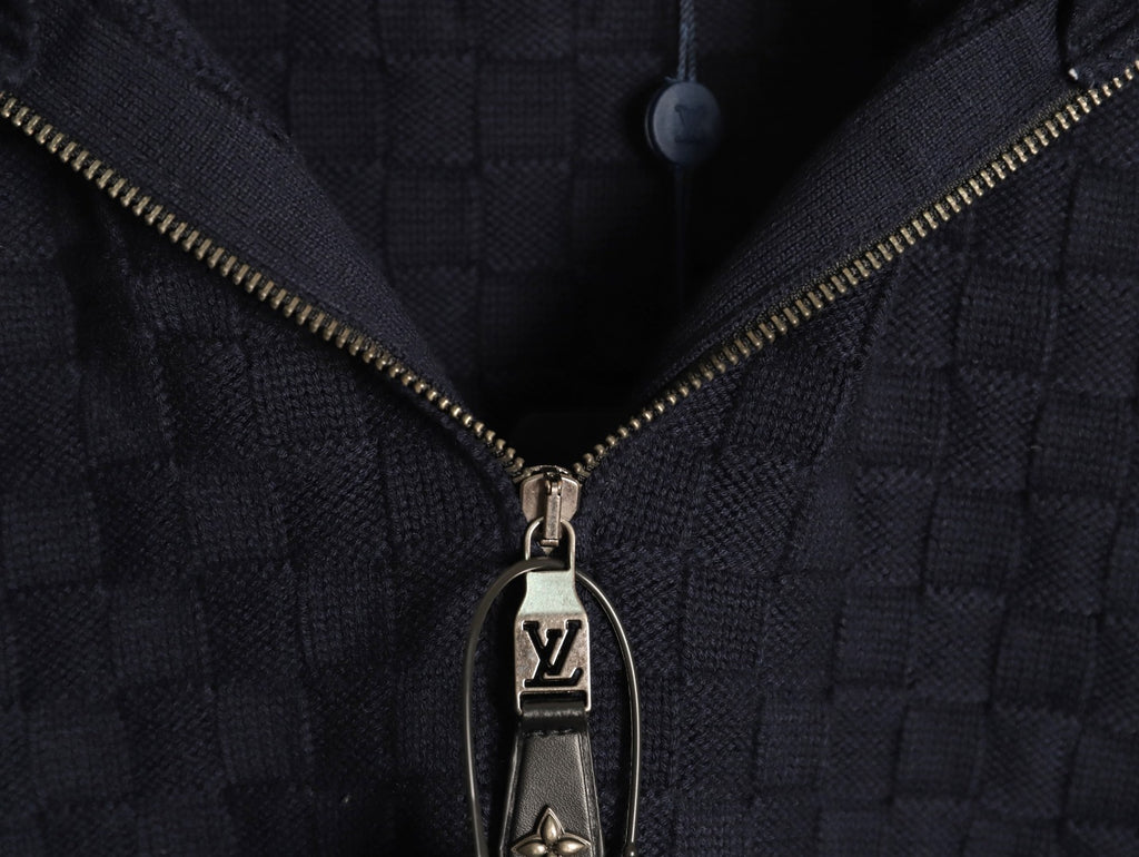 Louis Vuitton 26SS Checkerboard Detail Black Half-Zip High-Neck Knit Sweater