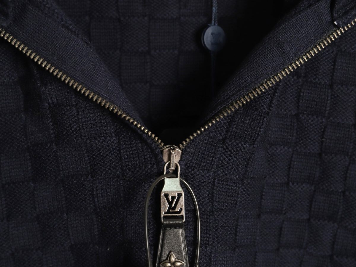 Louis Vuitton 26SS Checkerboard Detail Black Half-Zip High-Neck Knit Sweater