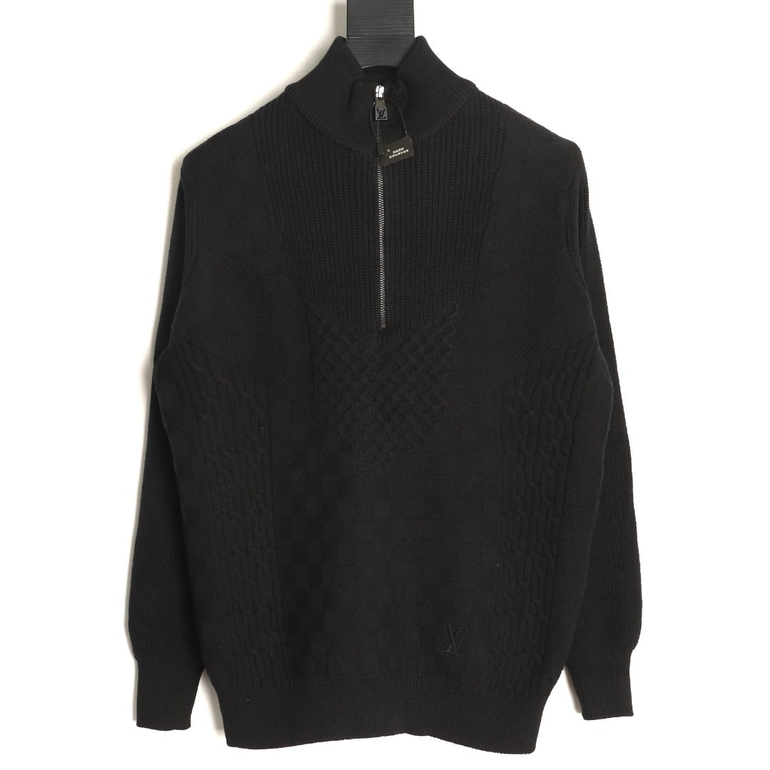 Louis Vuitton 26SS Damier Cable-Knit Black Half-Zip High-Neck Sweater