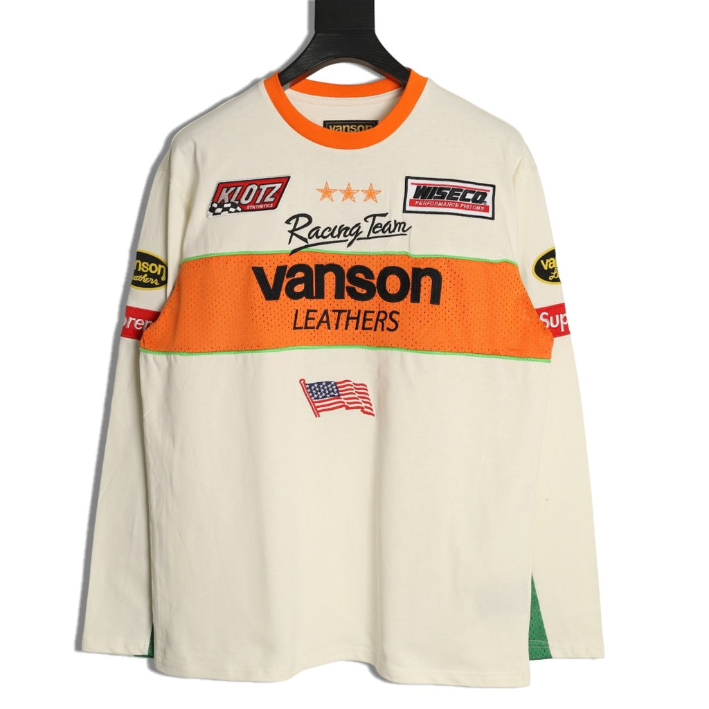 Supreme x Vanson Leathers SS26 Mesh-Panel Logo Embroidered Cream Long-Sleeve Top