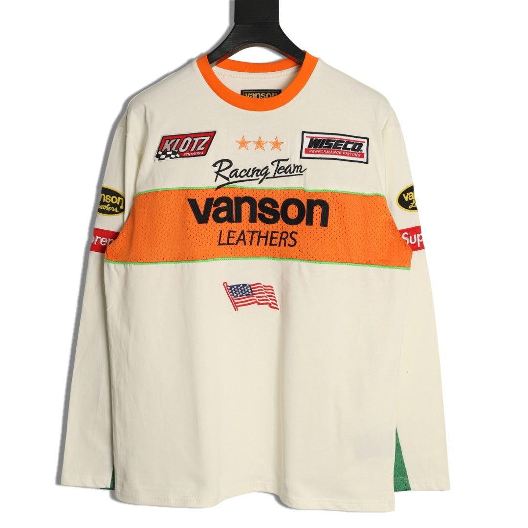 Supreme x Vanson Leathers SS26 Mesh-Panel Logo Embroidered Cream Long-Sleeve Top