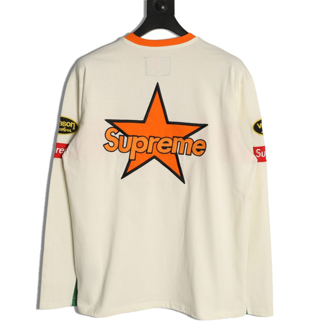 Supreme x Vanson Leathers SS26 Mesh-Panel Logo Embroidered Cream Long-Sleeve Top