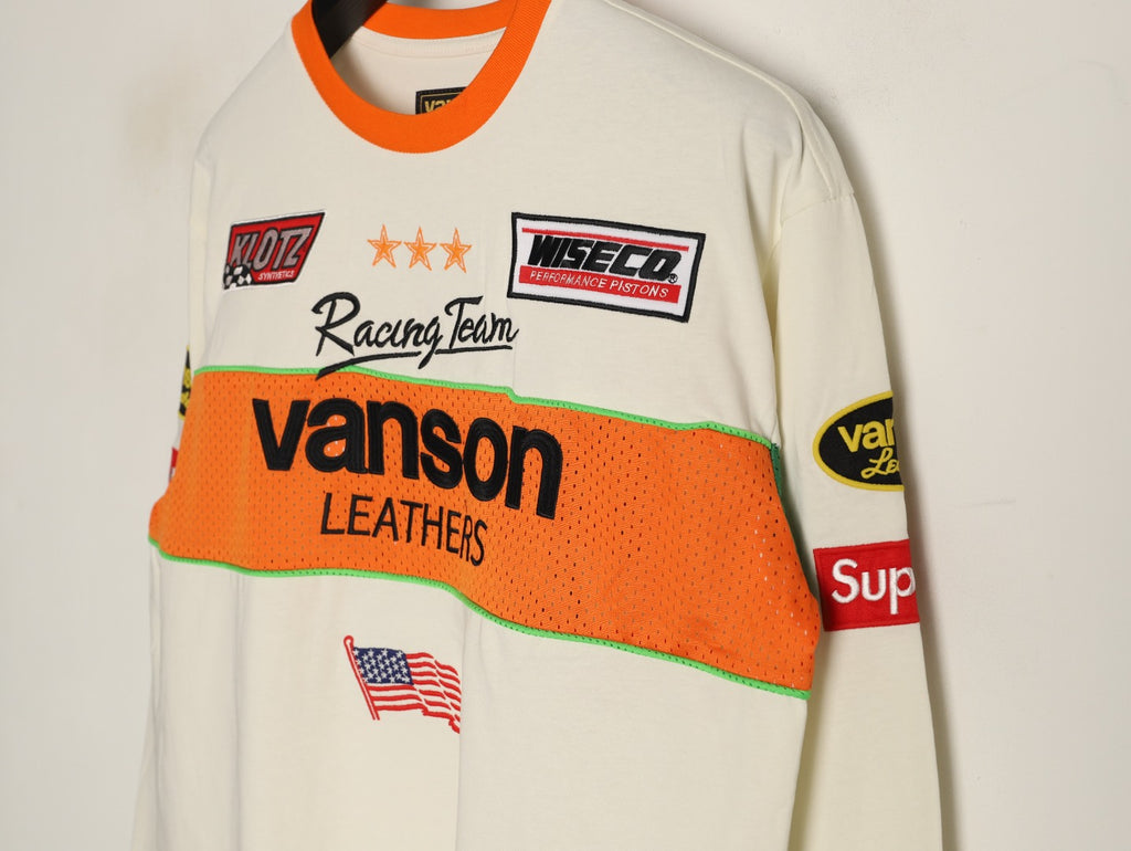 Supreme x Vanson Leathers SS26 Mesh-Panel Logo Embroidered Cream Long-Sleeve Top