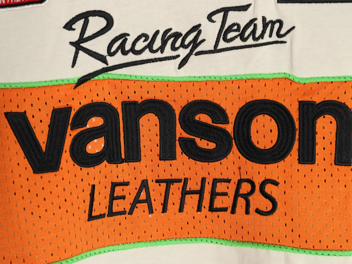 Supreme x Vanson Leathers SS26 Mesh-Panel Logo Embroidered Cream Long-Sleeve Top