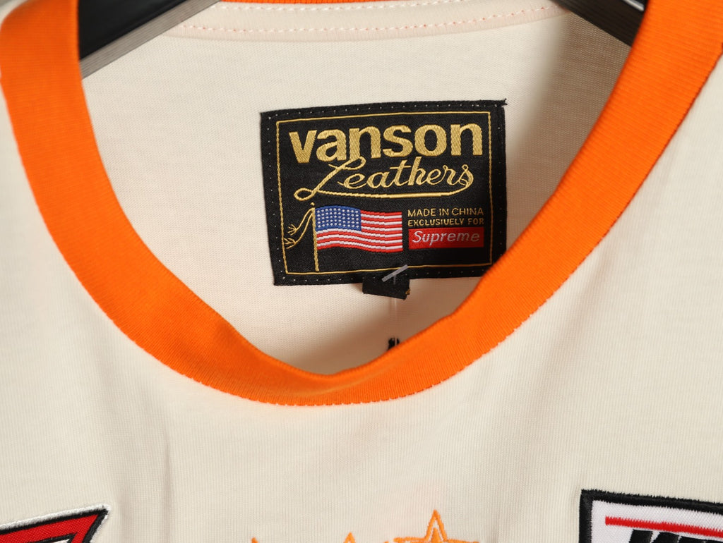 Supreme x Vanson Leathers SS26 Mesh-Panel Logo Embroidered Cream Long-Sleeve Top