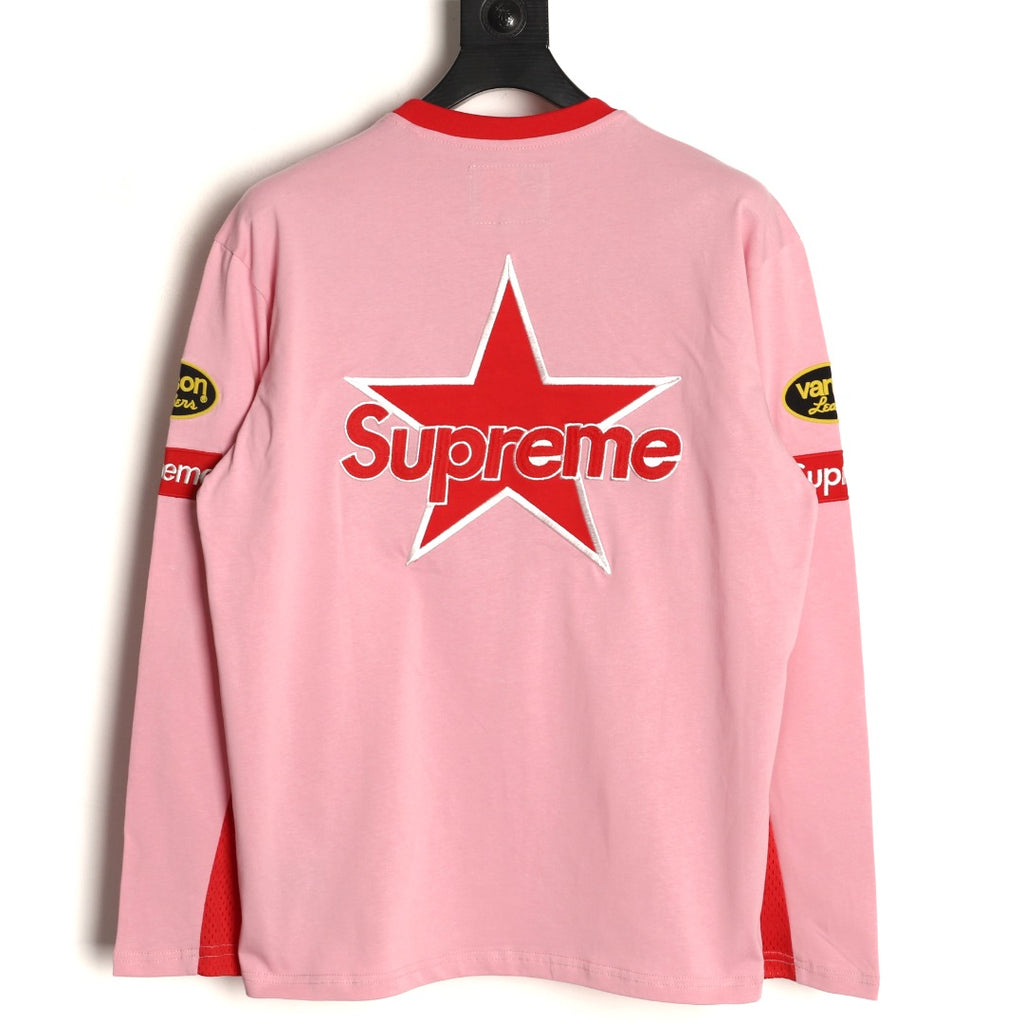 Supreme x Vanson Leathers SS26 Mesh-Panel Logo Embroidered Pink Long-Sleeve Top