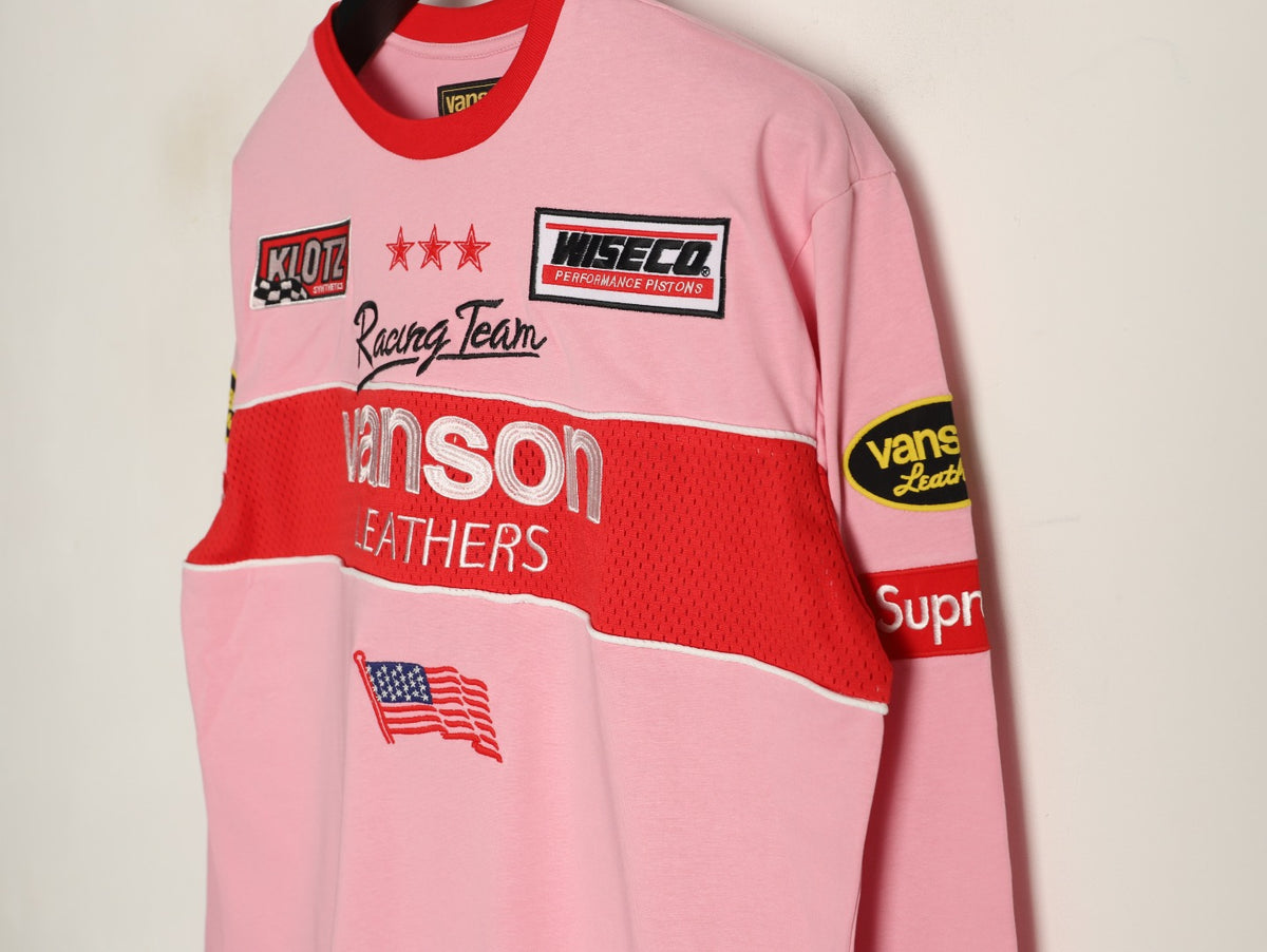 Supreme x Vanson Leathers SS26 Mesh-Panel Logo Embroidered Pink Long-Sleeve Top