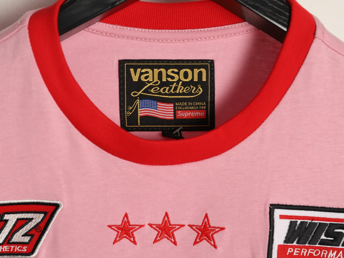 Supreme x Vanson Leathers SS26 Mesh-Panel Logo Embroidered Pink Long-Sleeve Top