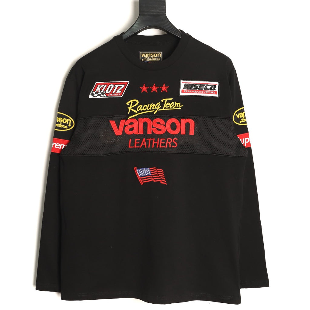 Supreme x Vanson Leathers SS26 Mesh-Panel Logo Embroidered Black Long-Sleeve Top