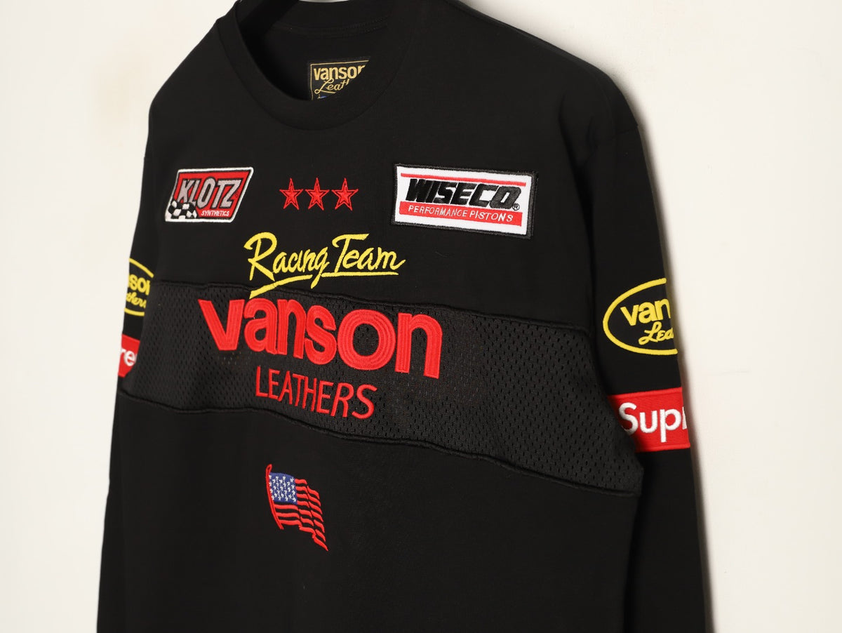 Supreme x Vanson Leathers SS26 Mesh-Panel Logo Embroidered Black Long-Sleeve Top
