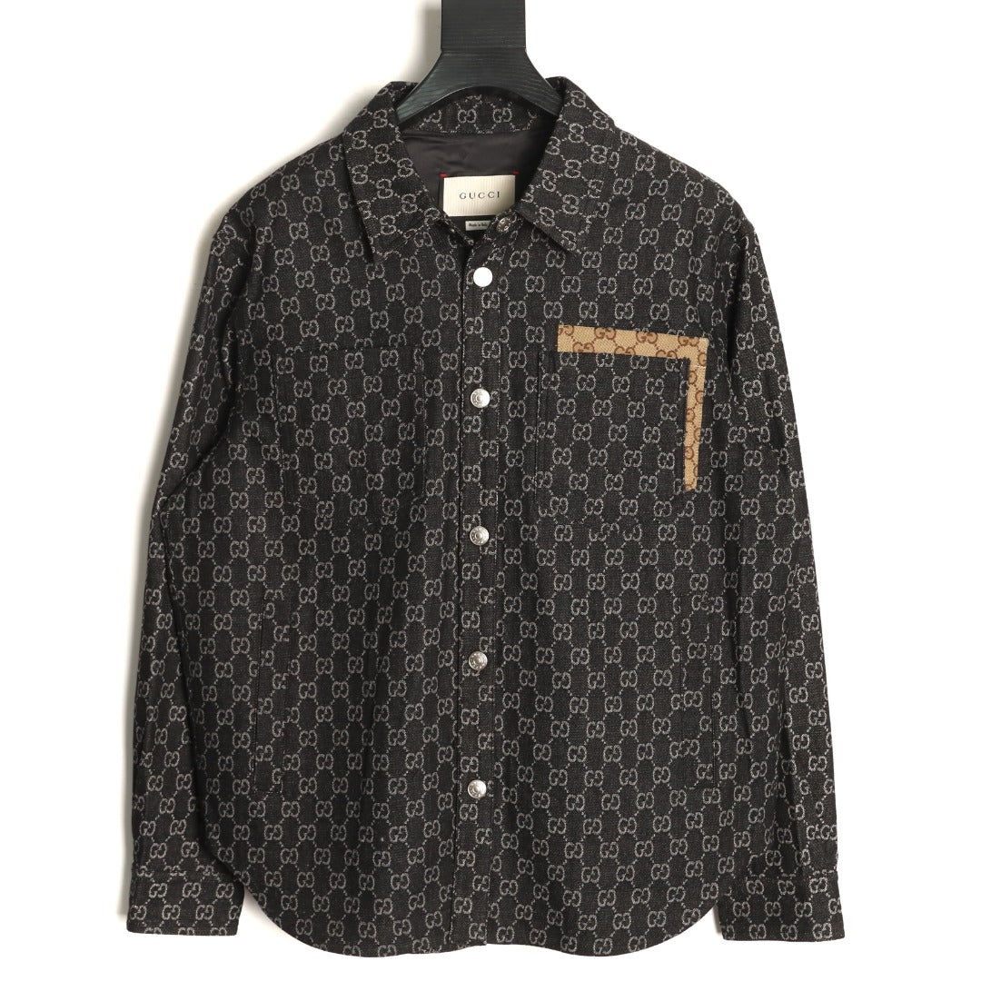 Gucci Vintage Jacquard Contrast-Pocket Black Long-Sleeve Shirt Jacket