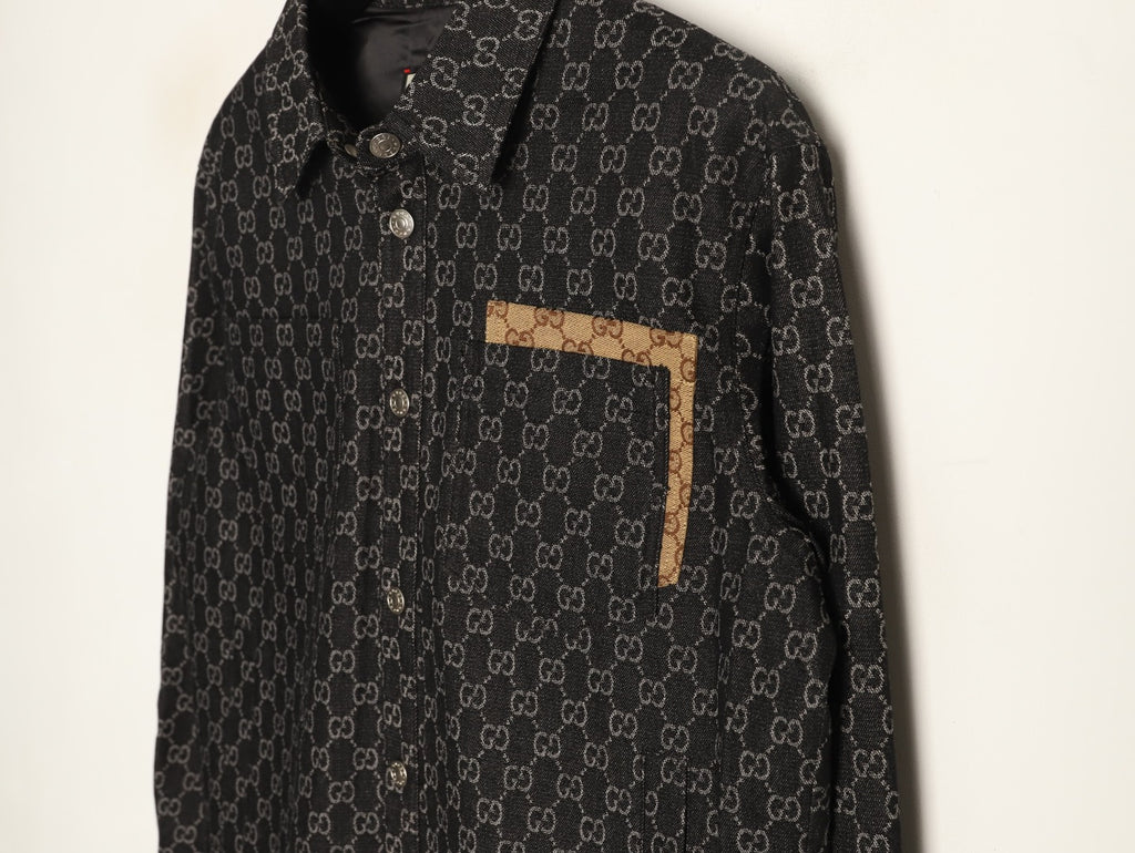 Gucci Vintage Jacquard Contrast-Pocket Black Long-Sleeve Shirt Jacket