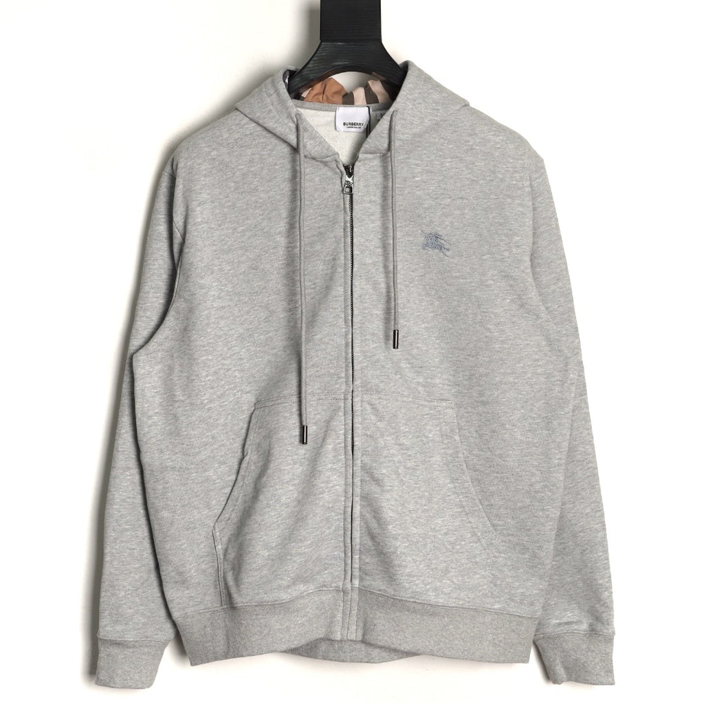 Burberry Equestrian Knight Embroidered Gray Check-Detail Zip Hoodie